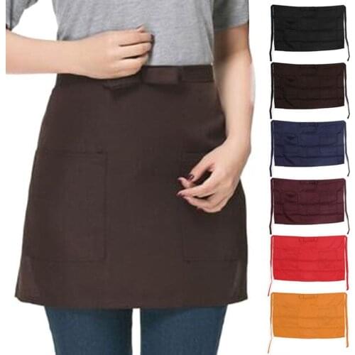 Men Women Kitchen Cooking Apron Solid Color Work Dining Half-Length Short Waist Apron 2 Pockets Pen Loops For Waiter Waitress