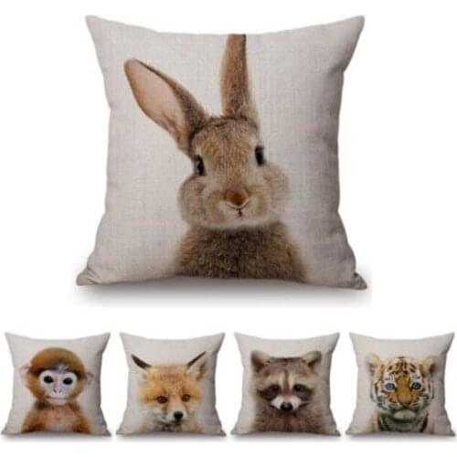 Cute Baby Animals Bunny Fox Monkey Panda Throw Pillow Cover For Baby Room Decoration Cotton Linen Lovely Car Cushion Cover