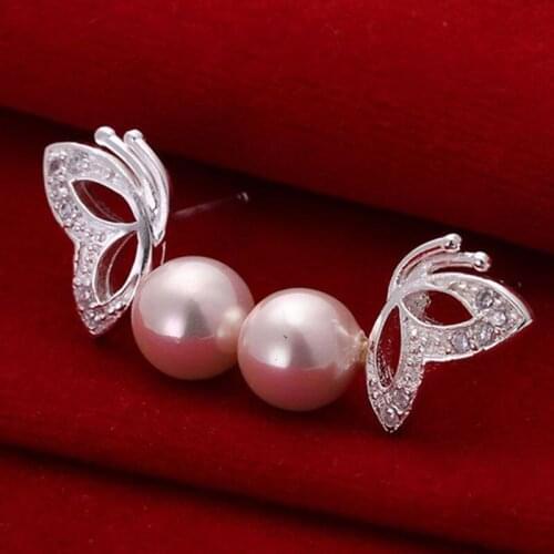 Fashion jewelry Earring For Women, Plated Earrings Pearl Butterfly Pink Earrings E017 /VSLLPCHX USDSUUCT silver color