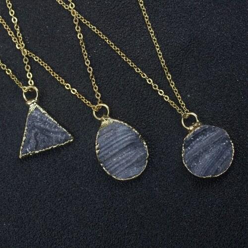New Arrival Brazil Natural Druzy Pendant Geometric Shape Triangle Oval Round Shape Genuine Stone Necklace with 18" Chain