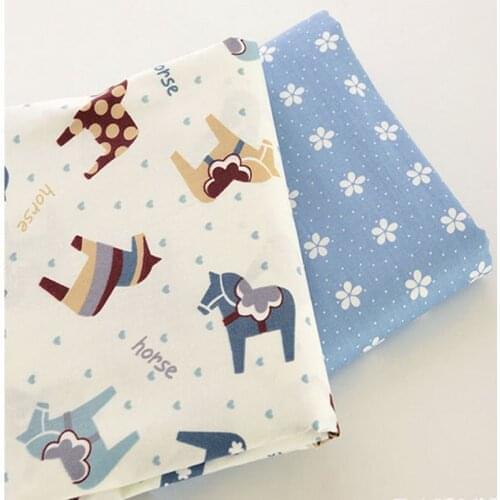 Pretty 100% Cotton twill cloth cartoon horse blue/white floral for DIY kids bedding doll dress cushions quilting fabric