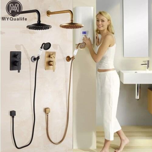 Concealed Bathroom Shower Faucet Mixer Wall Mount Bath Shower Mixer Tap Brass Antique 8" Rainfall with Handshower Shower Set