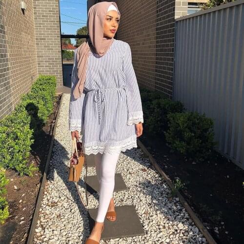 Turkish Muslim Blouse and Top Women Dubai Arab Stripe Lace-up O Neck Long Shirt Islamic Clothing flare Sleeve Pullover lace Tops