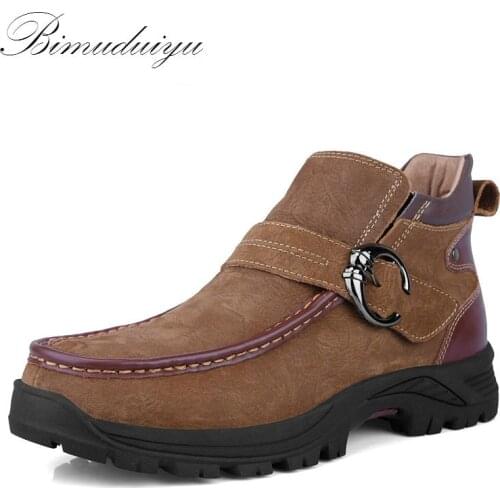 BIMUDUIYU Brand Winter Warm Genuine Leather Mens Snow Boots Fashion Ankle Boots Plush Furry Hiking Shoe Casual Skid Resistance