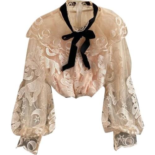 2021 Spring And Autumn Retro Blouse Women Fashion Lace Embroidery Hollow Doll Collar Puff Sleeve Shirt Women Autumn
