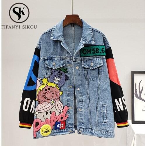 Cartoon Sequins Denim Jacket Women Fashion Spliced Pocket Long sleeve Jeans Jacket Streetwear Female Loose Jeans Coat 2020 New