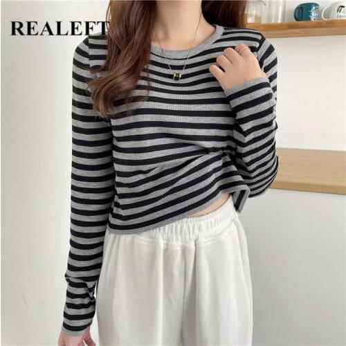 REALEFT Autumn Classic Striped Womens T-Shirts O-Neck Long Sleeve Short Shirts Bottoming Casual Female Knitwear Chic Tops