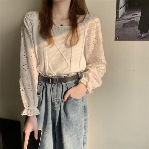 2021 New Spring and Autumn Korean Version of The White Inner Base Sweater Womens Thin Stitching Long-sleeved Square Neck Top