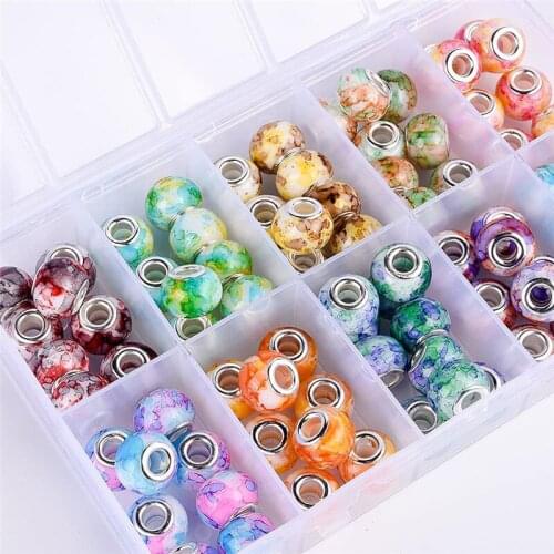 10Pcs/Lot New Colorful Print Art Flower 16x10mm Big Rondelle Murano Spacer Beads Charms Fit European Pandora Bracelet Head Beads