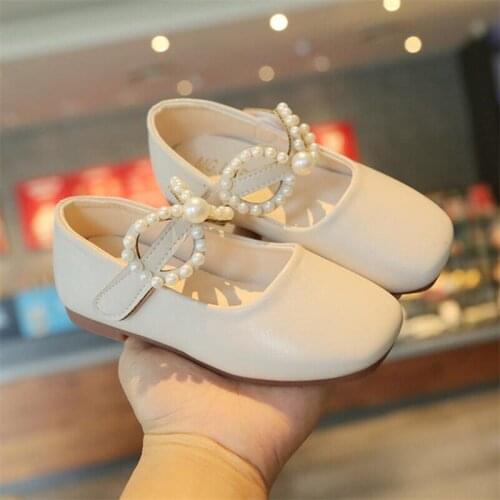 2021 Girls leather shoes Childrens fashion Pearl bow shoes Spring autumn Princess Sweet Soft sole Comfortable Party shoes 26-35