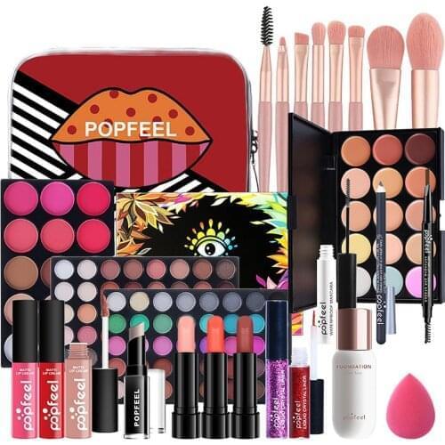 27PCS All In One Makeup Set Full Makeup Kit Eye Shadow Brush Foundation Lipstick Mascara Makeup Eye Brow Pencil Powder Puff
