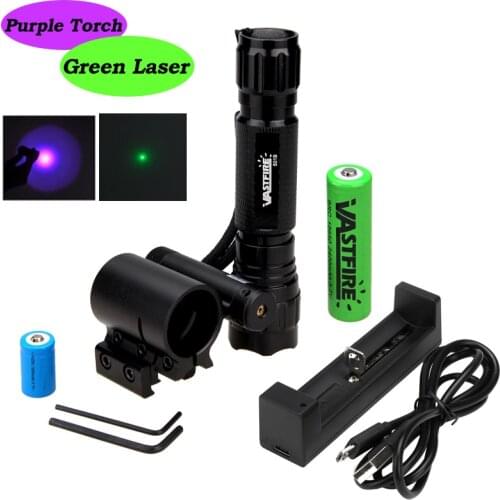 501B Airsoft Linterna XPE Purple Weapon Light Hunting Rifle Flashlight+20mm Rail Mount Green Laser Pen Dot+18650+CR2+Charger