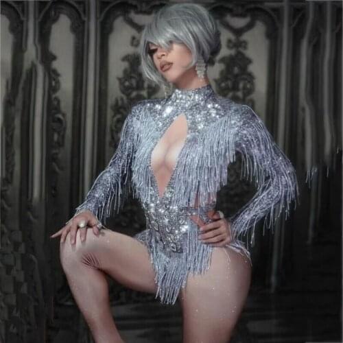 Sparkly Rhinestone Fringes Jumpsuit Dance Costume Big Crystals Bodysuit Tassel Bodysuit Party Stage Wear Dance Show Sexy Outfit