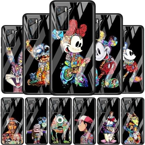 Mickey Tattoo Cartoon for Huawei P40 P30 Pro Plus P20 P10 Lite P Smart Z 2021 2020 2019 Luxury Tempered Glass Phone Case