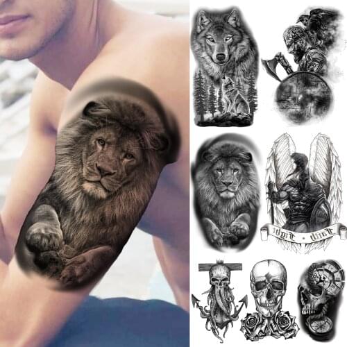 Black Lion Temporary Tattoos For Mem Boys Realistic Wolf Knight Octopus Skull Octopus Fake Tattoo Sticker Arm Body Tattoos 3D