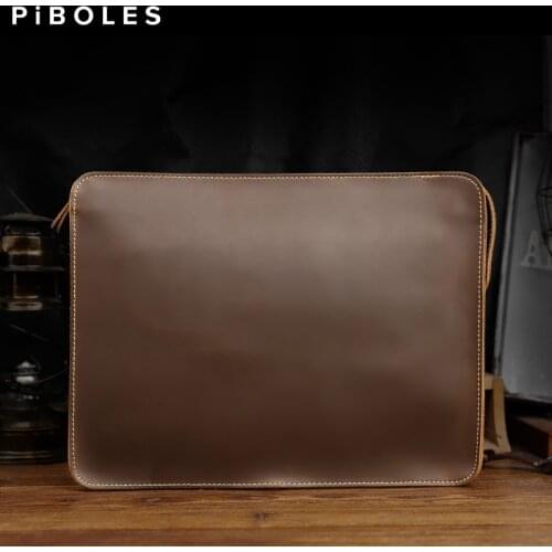 New Mens Business Hand Strap Bag With Shoulder Strap Males Briefcase Handbag Vintage Genuine Leather Slim 13.5 Inch Laptop Bag