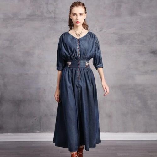 DUISNENA long boho dress blue denim cotton summer women dresses floral embroidery vintage robe casual v-neck vestidos