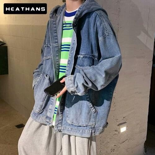 Denim Jackets Male Single Breasted Street Hip Hop Jean Jacket For Male Spring Autumn Jackets Loose Hooded Jacket Korean Tops Men