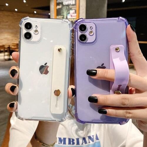 Fluoresce Transparent Wrist Strap Phone Case For iPhone 11 12 Pro Max X XR Xs mini 7 8 Plus SE 2020 Kickstand Cases Cover