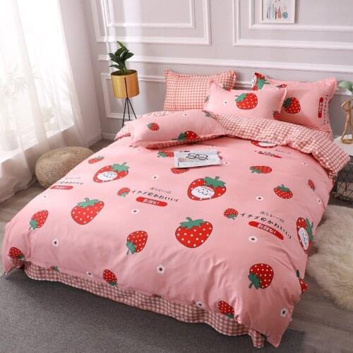 Girls Cute Strawberry Cartoon Pink Comforter Bedding Set Double Sided King Queen Full Single Size Duvet Cover Sheet Pillowcase