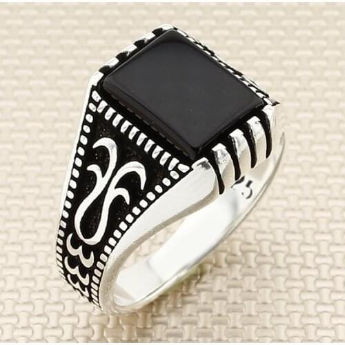 Square Black Onyx Stone Men Silver Ring With Symmetrical Motif Made in Turkey Solid 925 Sterling Silver
