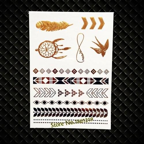 New Dreamcatcher Flying Birds Swallow Bowknot Pattern Gold Flash Metallic Temporary Tattoo, Leaf Chains Bracelet Jewelry Sticker