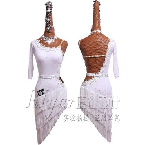 New Latin Dance Dress Latin Skirt Competition Dress Costumes Performing Dress Sparkly Rhinestone Customize Children White Tassel