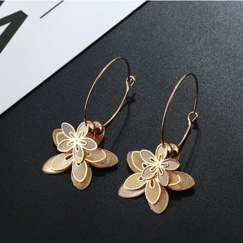 New Gold Color Multilayer Flower Beads Big Hoop Earrings for Women Girls Fashion Jewelry