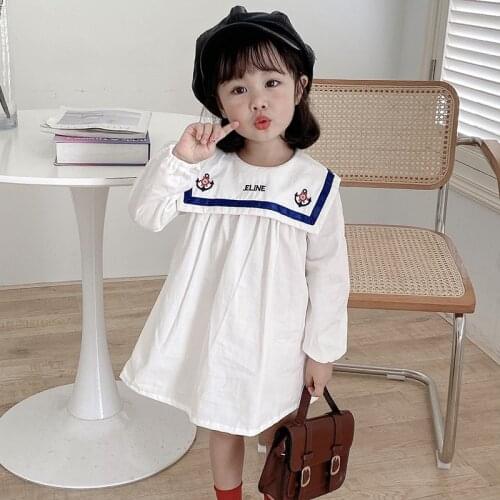 Navy Style Embroidered Collar Solid Color Long Sleeve Dress Cotton Cozy Loose Autumn Girls Dress