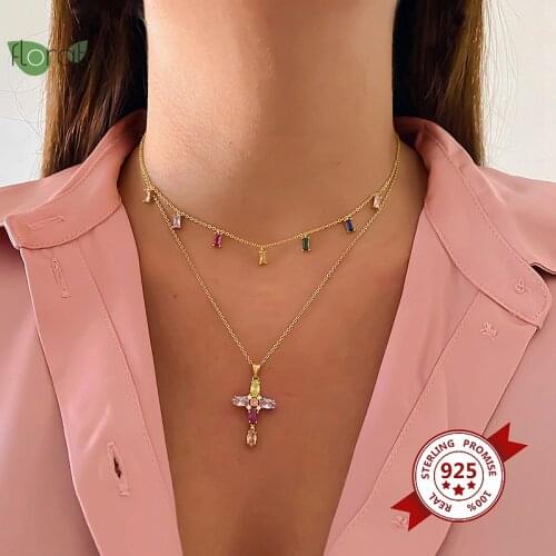 Bohemian 925 Sterling silver Necklace for Women Geometric Square Charming Colorful Stone Chain Chokers Party Jewelry Wholesale