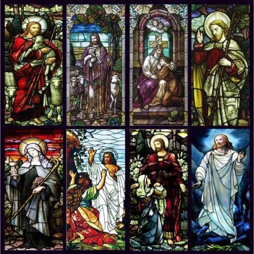 Custom Size Window Glass Films Self-Adhesive Classical Frosted Glass European Church Stained Jesus Christian Window Sticker Foil