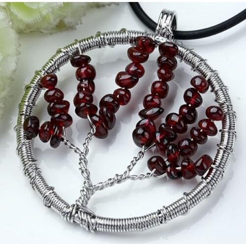 Kraft-beads Trendy Silver Plated Wire Wrapped Tree Life Garnet Stone Pendant Fashion Plant Jewelry