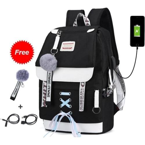 Canvas Usb School Bags for Girls Teenagers Backpack Women Bookbags Black 2019 Large Capacity Middle High College Teen Schoolbag