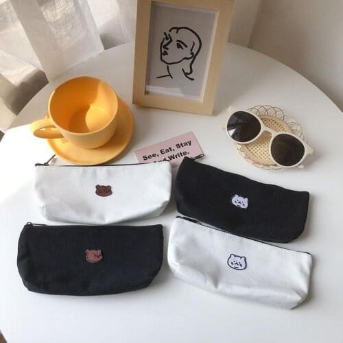 1PC Kawaii Simple Bear Canvas Kid Pencil Bag Girls Boys Pencil Pouch Stationery Storage Organizer Pencil Case School Supplies