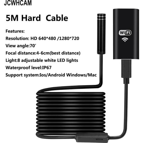 JCWHCAM Android IOS USB Endoscope Camera 8mm Wifi Endoscope Snake Inspection Borescope Video Tube Mini USB Camera 5M Hard Cable