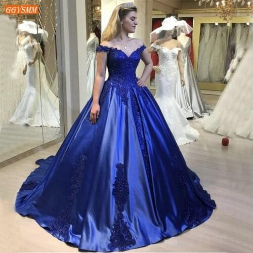 Gorgeous Royal Blue Ball Gown Evening Dresses Sweetheart Satin Lace Applique Evening Gowns Flooor Length Banquet Women Dress New