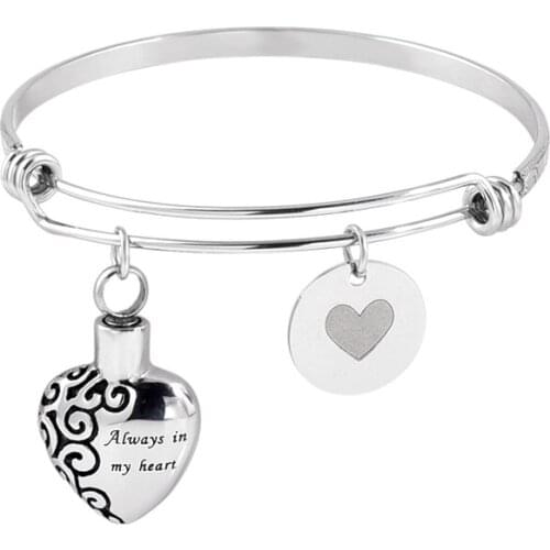 Always in my Heart Urn Pendant Memorial Ashes Holder Keepsake Stainless steel Cremation Ashes Locket pendant Wire Bracelet