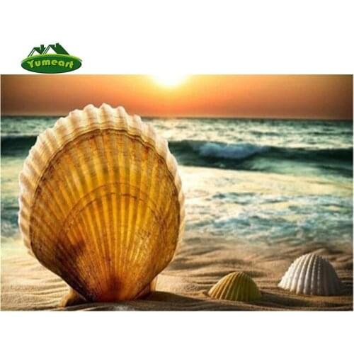 YUMEART Diamond Embroidery Landscape Mediterranean Beach Shell Kit Needlework Crystals Picture Diy Cross Stitch House Decor