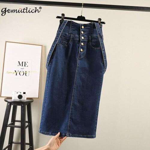 GEMUTLICH Plus Size S-9XL Women Long Denim Skirt With Straps Button Jeans Suspender Pencil Skirt High Waist Fashion