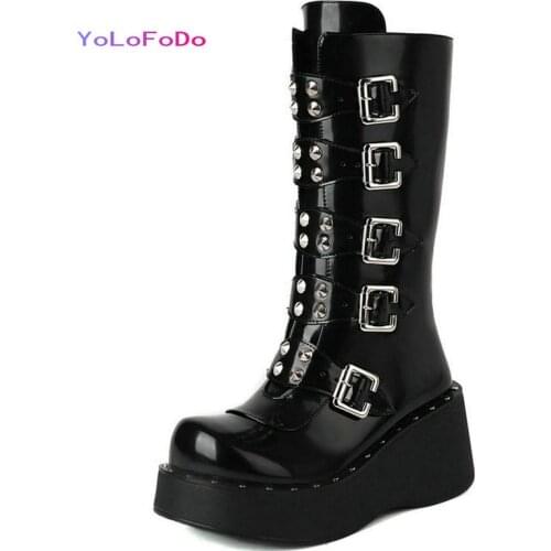 2021 Autumn Winter Women Mid Calf Boots Patent PU Leather Round Toe Women Thick High Heel Boots Punk Buckle Womens Boots Black