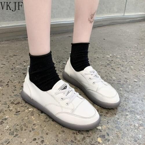 2021 Autumn Genuine Leather Womens Sneakers Casual Shoes Female Ballet Flats Lace Up White Sneakers Female Zapatillas Mujer