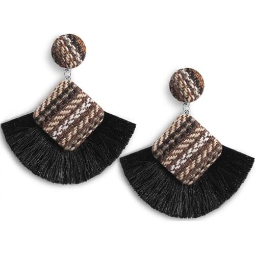 Bohemian Ethnic Square Plaid Cloth Tassel Drop Earrings for Women Fashion Vintage Multi Style Geometric Fringe Earring Jewelry