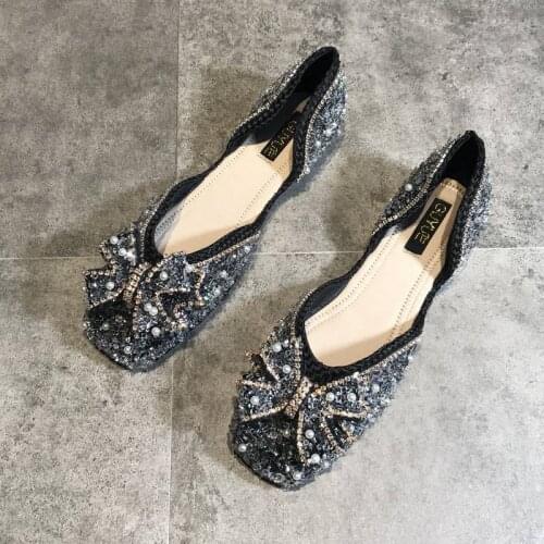 Womens Shoes New Spring Autumn Rhinestone Shoes Female Bean Shoes Ladies Bowknot Sequins Shallow Mouth Flat Shoes