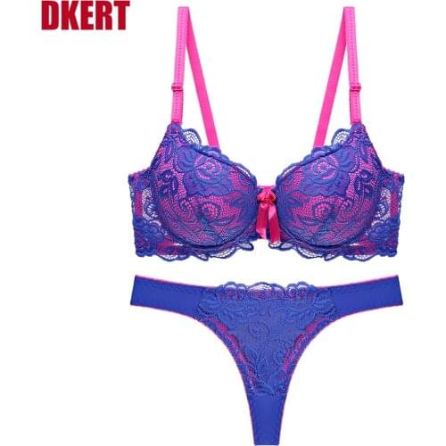 DKERT Women Bra Set Push Up Padded Color Patchwork BCD Cup Underwear Set Sexy Lace Bra and Thong Set