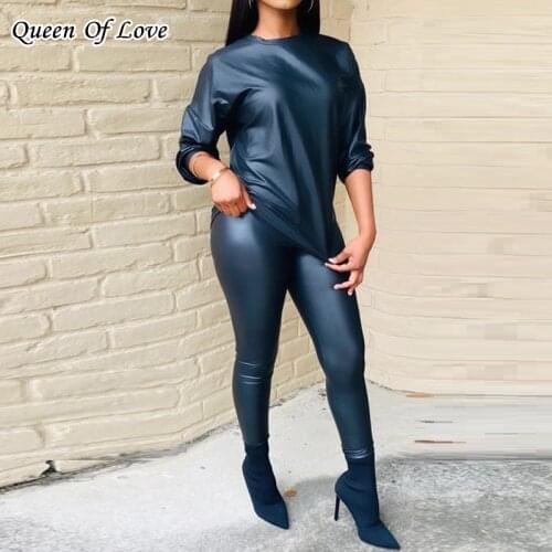 Plus Size 4XL Women PU Leather Leggings Suit 2020 Autumn Winter Long Sleeve Sweatshirt And Skinny Pant Matching 2 Pieces Set