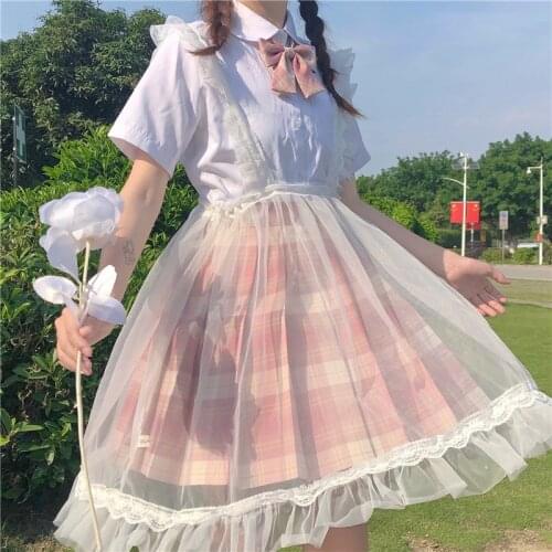 JMPRS Japan Lolita Women White Sundress Preppy Style Suspenders Lace Ruffles Sleeveless Dress Cute Kawaii All-Match Tulle Dress