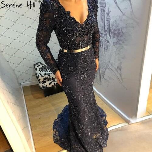 Serene Hill Navy Blue Luxury Beaded Evening Gown 2021 Sexy V-Neck Mermaid For Women Formal Pary Dress CLA71075