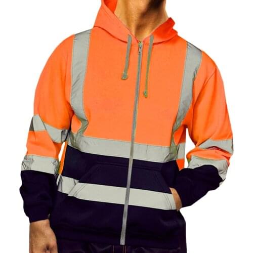 4XL Mens Road Work High Visibility Pullover Long Sleeve Hooded Coats Reflective Zipper Pocket Tops Mens Fashion Clothing Trends
