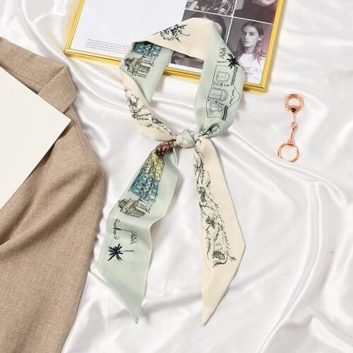 7x120cm French Geometric Design Skinny Neck Tie Handchief Band Scarf Small Bowknot Print Silk Scarves Decorate Bag Handle Ribbon