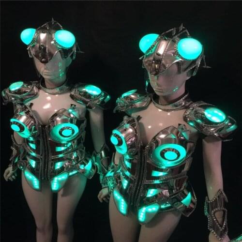 AS99 Colorful light RGB stage costumes dj wears performance show robot women armor helmet silver mirror dress clothe bar outfits